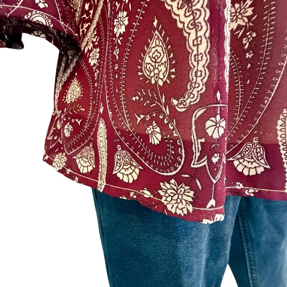 Skies Are Blue Maroon Tan Paisley Tunic Top Pleated V Neckline Grommet Accent - Picture 15 of 16